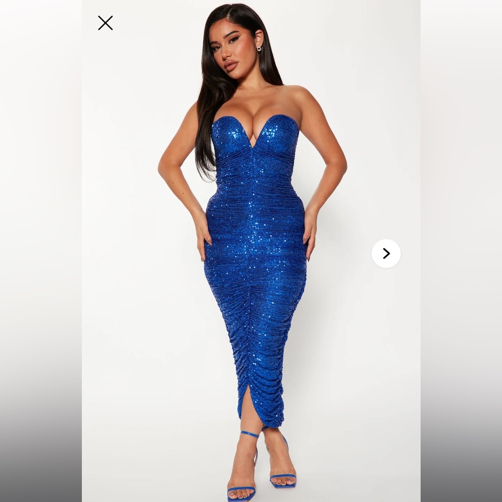 Blue Sequin Strapless Midi Dress